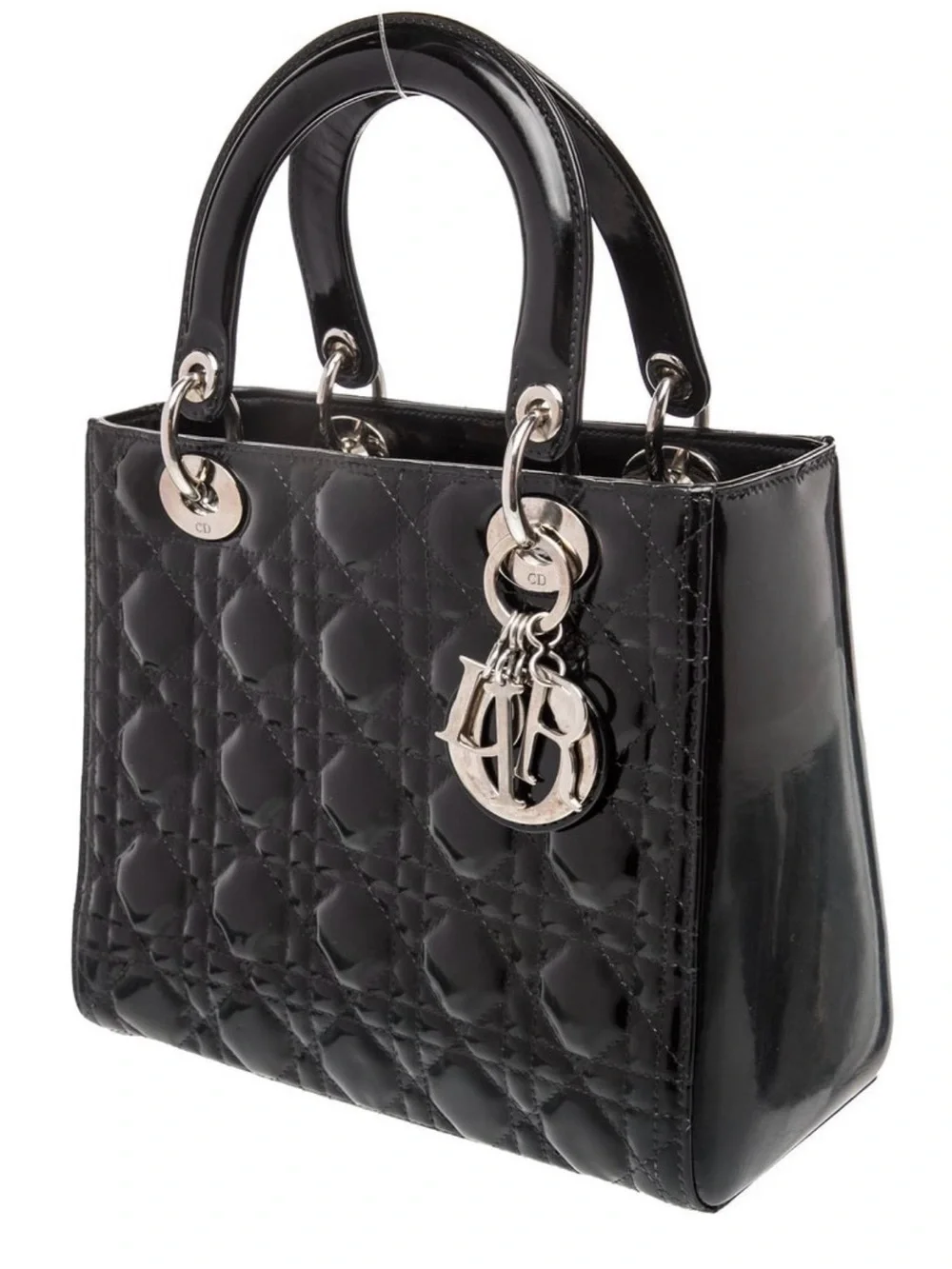 Dior Black Patent Quilted Lady Tote with Silver Hardware